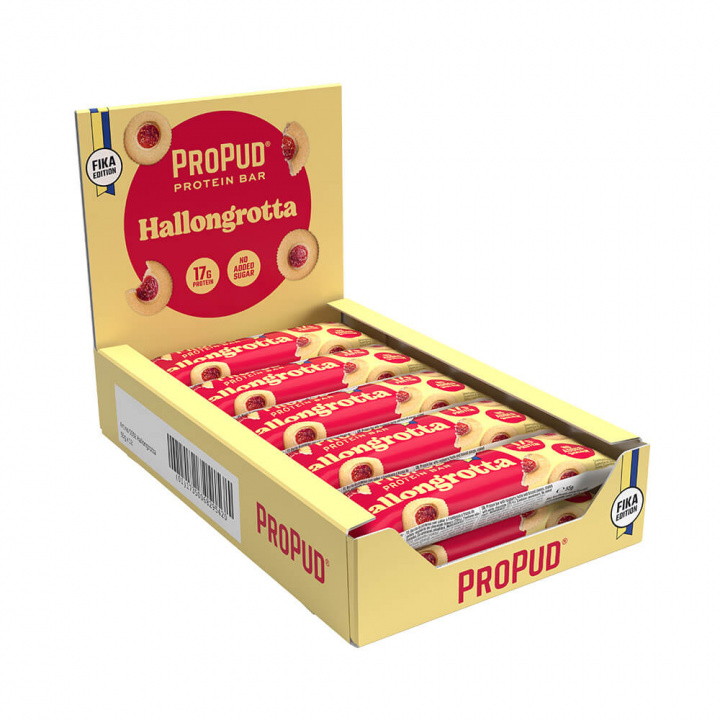 12 x ProPud Proteinbar, 55 g (Hallongrotta) i gruppen Bars / Proteinbarer hos Tillskottsbolaget (PROPUD63755)