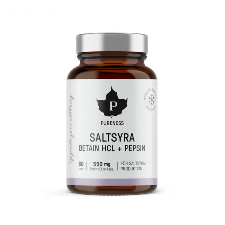 Pureness Saltsyra Betain HCI + Pepsin, 60 caps i gruppen Kosttilskud & Fødevarer / Sundhedskost / Mave & Tarm hos Tillskottsbolaget (PURENESS8932)