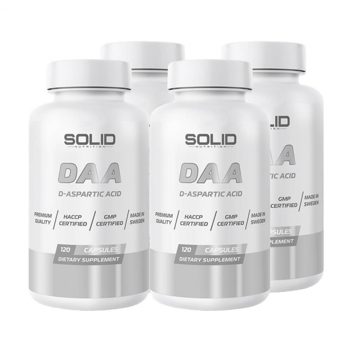 4 x SOLID Nutrition DAA, 120 mega caps i gruppen Kosttilskud & Fødevarer / Muskelforøgelse / Testobooster hos Tillskottsbolaget (SOLID767322)