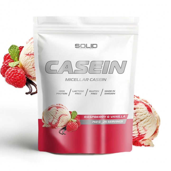 SOLID Nutrition Casein, 750 g (Raspberry & Vanilla) i gruppen Kosttilskud & Fødevarer / Proteinpulver / Kaseinprotein hos Tillskottsbolaget (SOLIDCASEIN1-10)