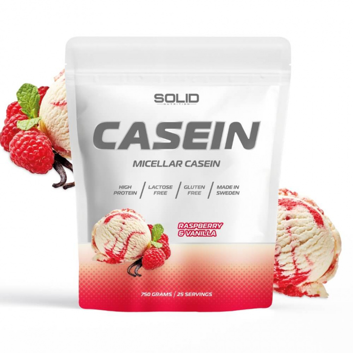 SOLID Nutrition Casein, 750 g (Raspberry & Vanilla) i gruppen Kosttilskud & Fødevarer / Proteinpulver / Kaseinprotein hos Tillskottsbolaget (SOLIDCASEIN1-10)