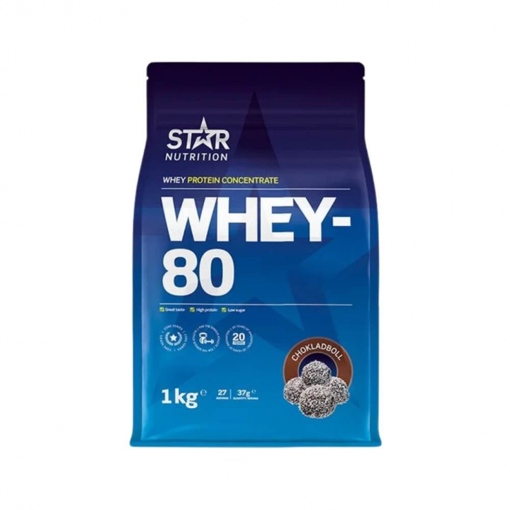 Star Nutrition Whey-80, 1 kg (Chokladboll) i gruppen Kosttilskud & Fødevarer / Proteinpulver / Valleprotein / Whey protein hos Tillskottsbolaget (STAR001-4)