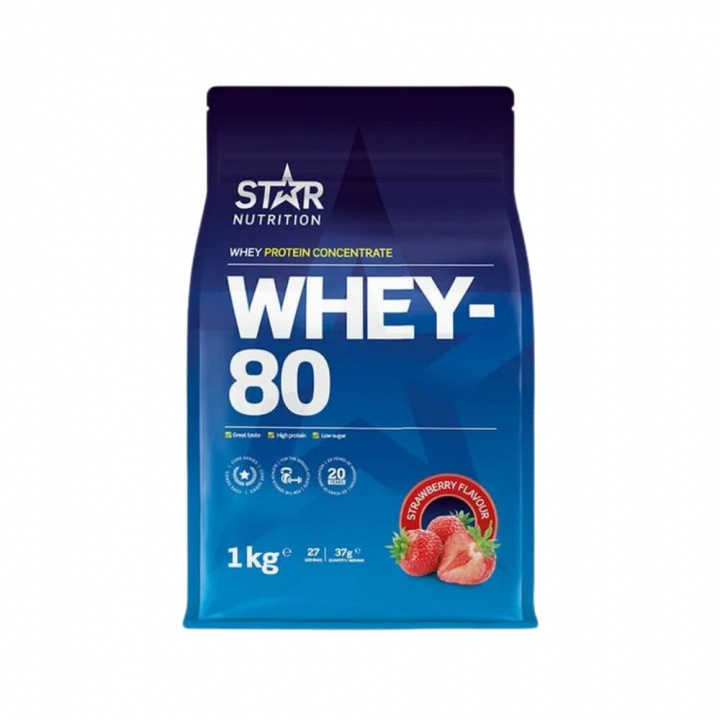Star Nutrition Whey-80, 1 kg (Jordgubb) i gruppen Kosttilskud & Fødevarer / Proteinpulver / Valleprotein / Whey protein hos Tillskottsbolaget (STAR001-7)