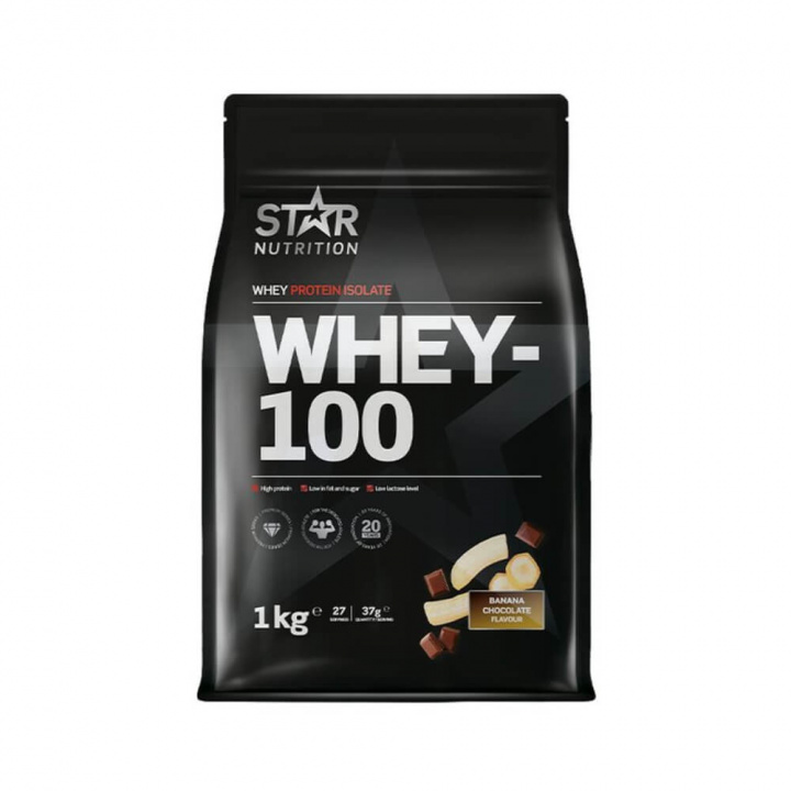 Star Nutrition Whey-100, 1 kg (Banana Chocolate) i gruppen Kosttilskud & Fødevarer / Proteinpulver / Isolatprotein hos Tillskottsbolaget (STAR002-12)
