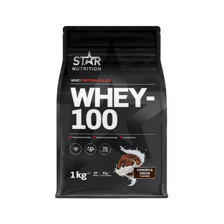 Star Nutrition Whey-100, 1 kg (Cookies & Cream) i gruppen Kosttilskud & Fødevarer / Proteinpulver / Isolatprotein hos Tillskottsbolaget (STAR002-7)